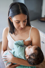 Wall Mural - Cuddle, mother and sleeping baby in home for growth, child development or connection. Bonding, woman or carrying infant for support, protection and comfort for motherhood, peaceful or morning routine