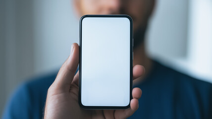 Wall Mural - presenting smartphone: a close-up shot of a person holding a smartphone with a blank white screen, c