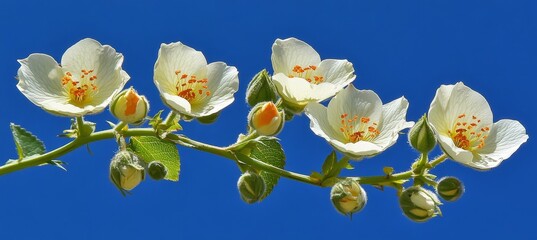 Canvas Print - White Rose Blossoms With Orange Pistils Against Azure Sky, Botanical Photography Of Delicate Flowers