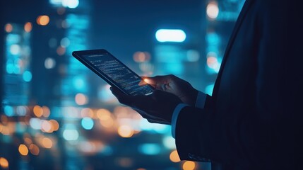 Night City Data Analysis: A Businessman Reviews Data on his Tablet
