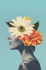 Poster - Woman and flower art asteraceae sunflower.