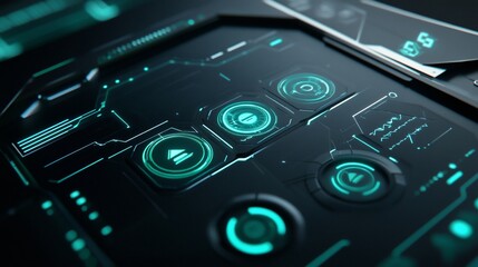 Futuristic interface with glowing cyan lines and buttons on a dark surface