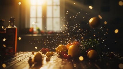 Wall Mural - Golden Hour Kitchen: Vibrant Tomatoes and Sparkling Dust