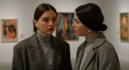 Two young hispanic women discussing art in a gallery setting