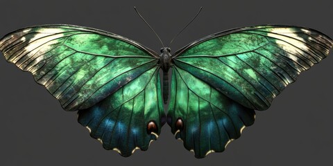 Wall Mural - Green and black butterfly on gray background