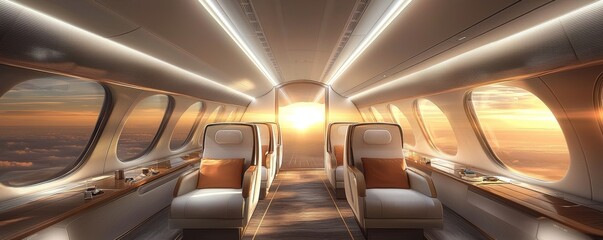 Canvas Print - A luxurious airplane interior featuring spacious seating and a stunning sunset view through large windows.