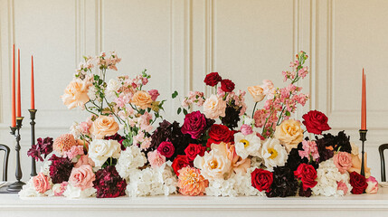 Wall Mural - Elegant royal dining table adorned with luxurious floral arrangements for wedding or event, vintage tableware, and candles in a classic English countryside manor, creating a romantic and sophisticated