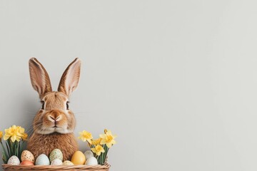 Wall Mural - Cute rabbit in a decorative Easter basket with colorful eggs and daffodils, perfect for spring celebrations and holiday decorations