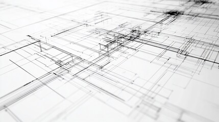 Architectural blueprint detail, lines, complex design, white background, engineering