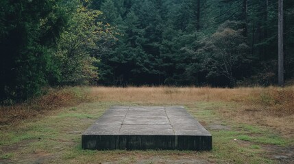 Wall Mural - Concrete slab in a grassy field with forest backdrop.