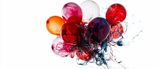 Colorful balloons exploding in ink underwater, white background, party design