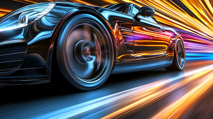 Fast sports car, night drive, light trails, speed