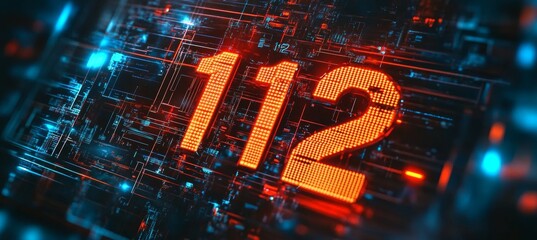 Glowing Orange 112 Number On Futuristic Dark Digital Background Network Technology 3D Illustration