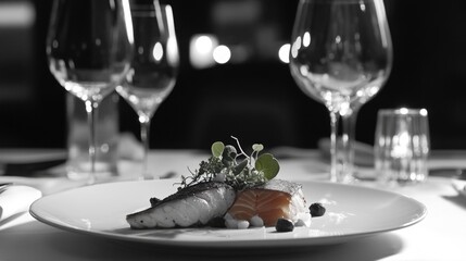 Poster - Plate of Food and Wine Glasses