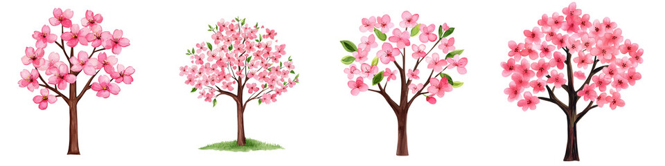 Wall Mural - National love a tree day element, Blossoming cherry trees with pink flowers and green leaves, isolated on transparent background.