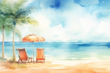 Wall Mural - Tropical summer sand beach and bokeh sun light sea furniture outdoors.