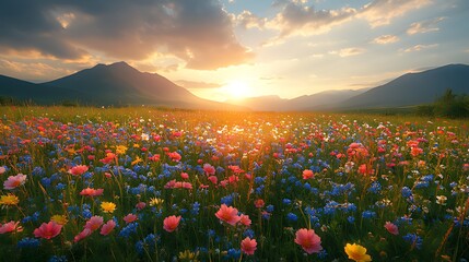 Wall Mural - Sunset wildflowers meadow, mountain backdrop, nature scene, desktop wallpaper