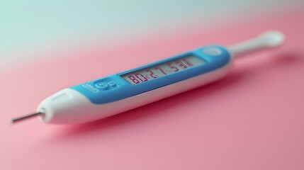 Wall Mural - Sleek digital thermometer laid on a minimalist surface with a clear display showing a temperature reading capturing the essence of modern medical care