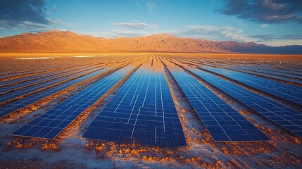 Vast Solar Panels in Desert Landscape at Sunset