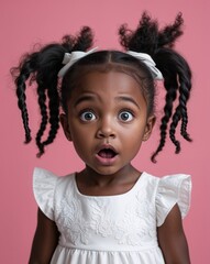 Wall Mural - Toddler black African girl surprised pigtails white dress on purple background