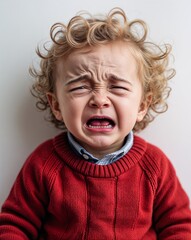 Wall Mural - Toddler Caucasian boy crying curly blond hair red sweater on white background