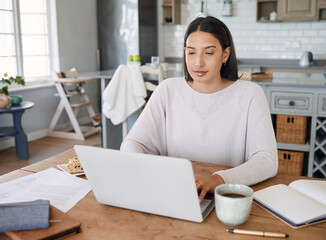 Paperwork, author or woman on laptop in home typing for remote work, ebook or website research. Documents, writer or creative freelancer editing online script for campaign, blog or publishing review