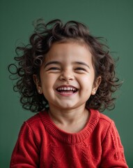 Wall Mural - Toddler Latin girl giggling curly brown hair red jumper on green background