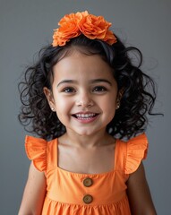 Wall Mural - Toddler Latin girl smiling curly black hair orange dress on gray background