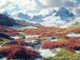 Wall Mural - Snowy Mountain with Red Bushes