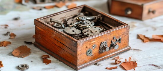 Wall Mural - Antique clock gears in wooden box, workshop setting, repair