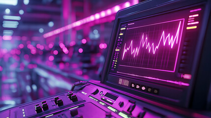 Pink and Purple Neon Lit Computer Screen Showing Data Graph in Futuristic Setting