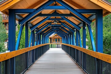 Canvas Print - Covered Wooden Walkway Bridge With Blue Steel Frame