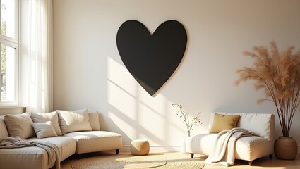 modern living room interior with sofa, black heart sha[e wall art, shadow on the wall