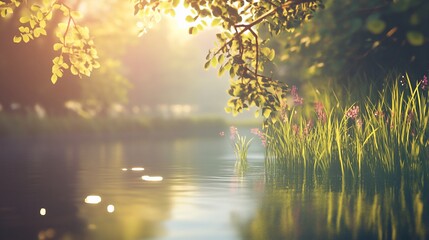 Canvas Print - Peaceful lake view with sunlight and plants in a tranquil forest setting at dawn