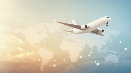 Wall Mural - Sleek white airplane flying over glowing world map with travel routes