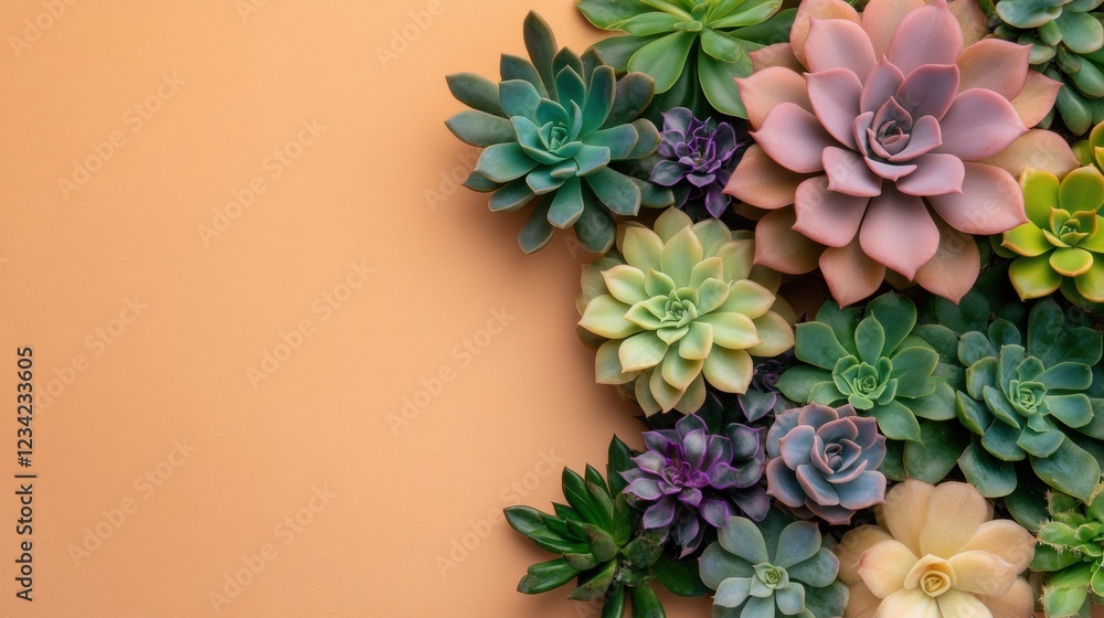Succulent plants arrangement on pastel colored background. Potted succulent house plants. Flat lay, top view, copy space