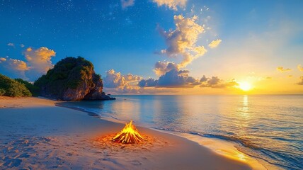 Wall Mural - Tropical islands tranquil private concept. A serene beach scene at sunset with a glowing campfire, gentle waves, and picturesque clouds reflecting in the water.