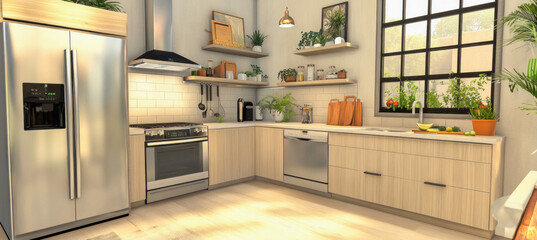 Wall Mural - Modern and cozy kitchen interior design showcasing stainless steel appliances and wooden cabinets