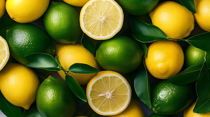 Sticker - A vibrant image showcasing fresh lemons and limes scattered with green leaves, highlighting their bright yellow and green colors in a lively arrangement.