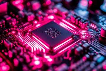 Fototapete - Close-up view of a microprocessor illuminated in vibrant pink on a circuit board showcasing advanced technology