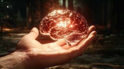 Aufkleber - Futuristic Hand Holding Glowing Brain Symbolizing Artificial Intelligence Concept