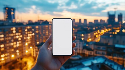 Fototapete - Modern Smartphone Displayed Against Urban Sunset with Bokeh Lights in Background