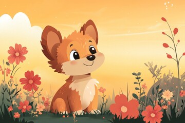 Wall Mural - Cute cartoon puppy enjoys a sunny day among colorful flowers in a vibrant garden setting