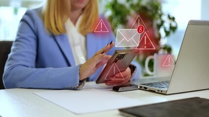 Wall Mural - Young businesswoman using a smartphone, receiving dangerous messages with warning signs representing viruses, cyberattacks and cyber security issues