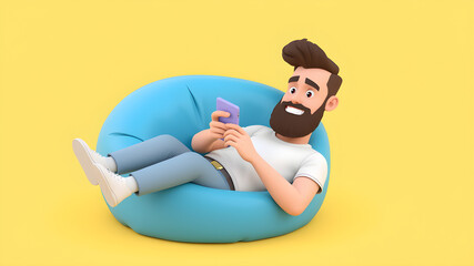 Handsome cartoon beard character man in white t-shirt relax at blue bean bag armchair and use smartphone over yellow background. 3d render illustration. Generative AI