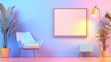 Poster - Modern Interior Design with Colorful Wall, Chair, Plants, and Frame