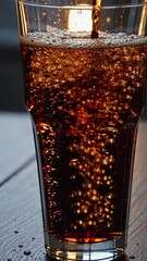 Poster - A glistening close-up of freshly poured cola, highlighting each tiny bubble sparkling in the warm light.