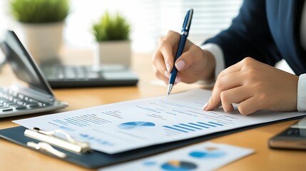 Wall Mural - a professional working at a desk, analyzing charts and graphs while writing notes, with a calculator