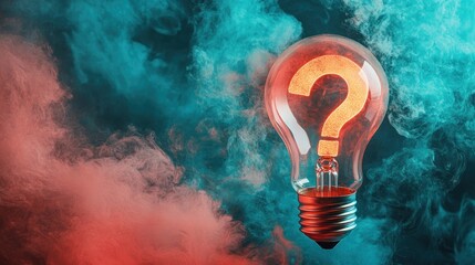 Aufkleber - Light Bulb with Question Mark Illuminated in Colorful Smoky Background