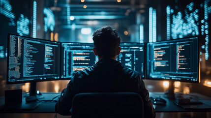 A young coder in a dimly lit room, focused on multiple ultra-wide monitors displaying lines of code, cybersecurity data, and futuristic AI-driven automation systems